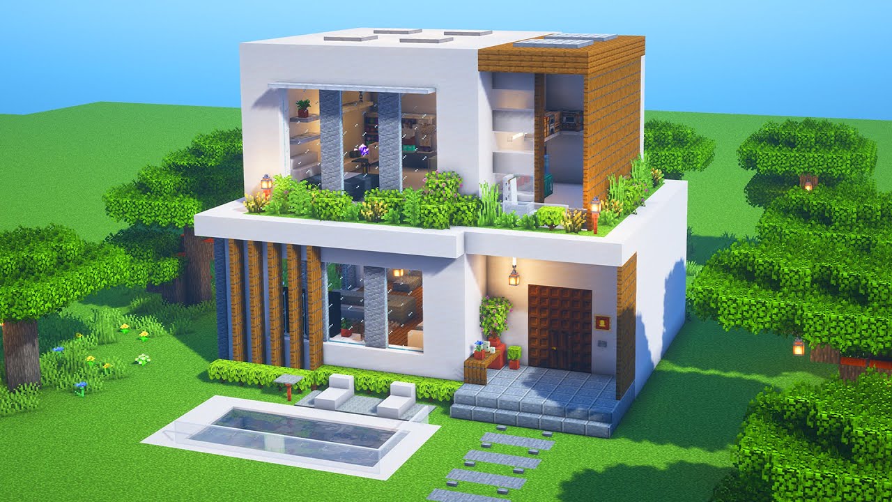 ⛏️Minecraft Tutorial: How to build a Modern House with Pool (Easy to Follow)