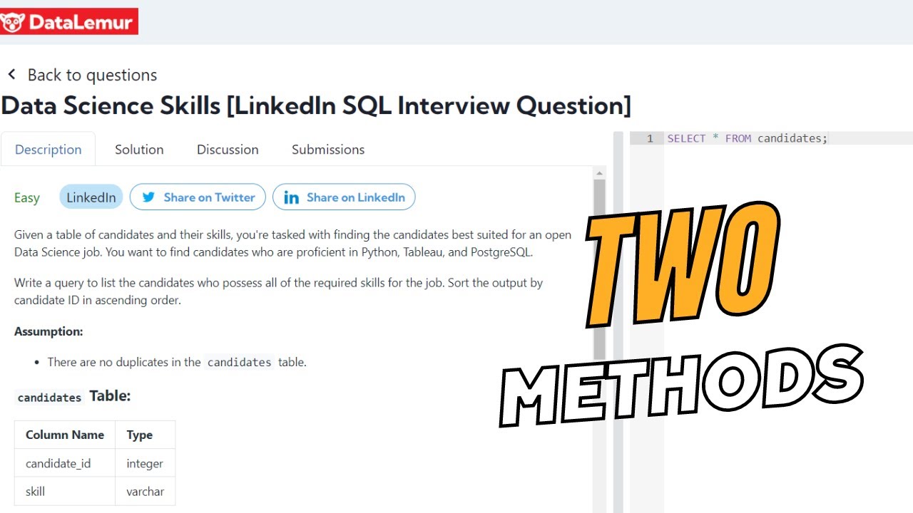 Data Science Skills [LinkedIn SQL Interview Question] | Data lemur Question 1 | Interview Question ❓