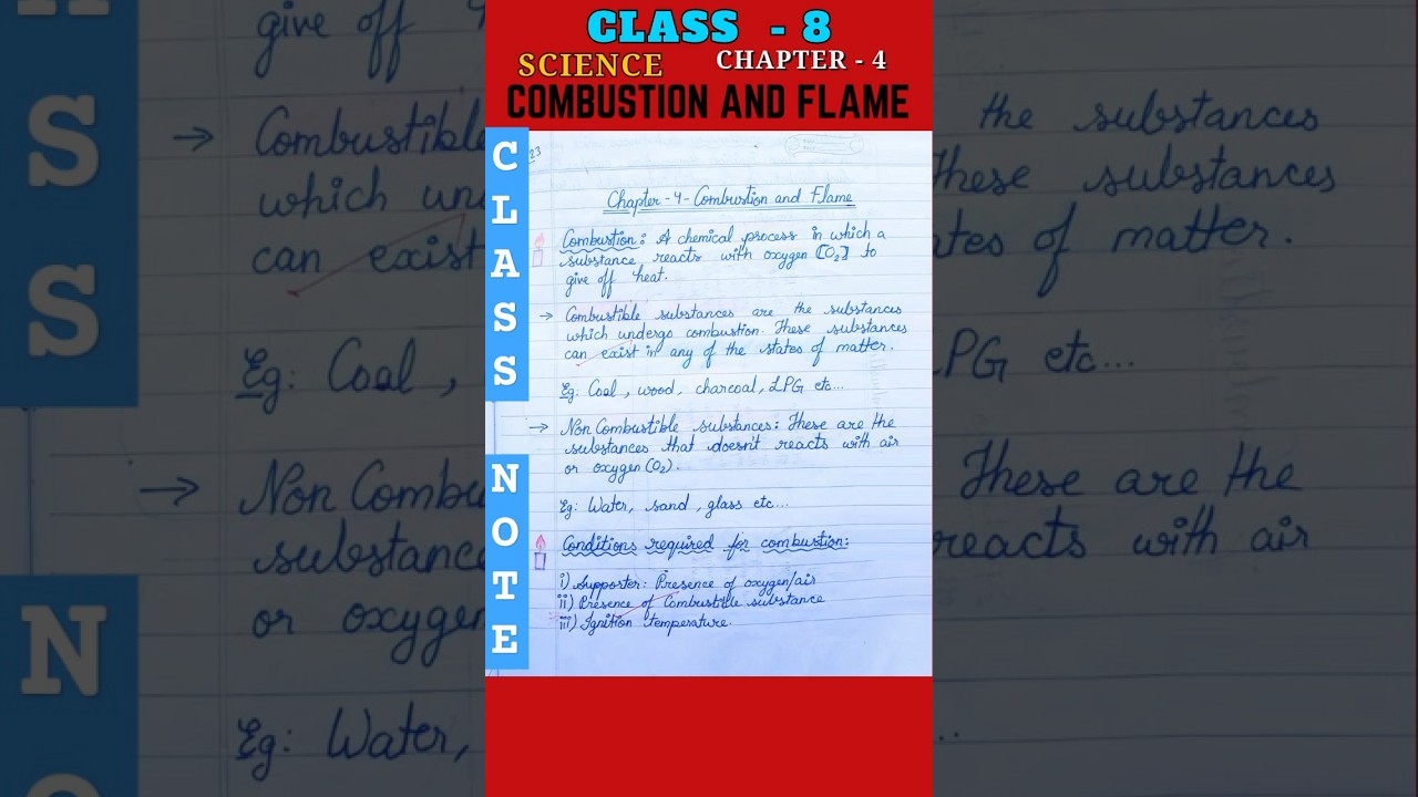 Combustion And Flame Notes - Class 8 Science Chapter 4 | #notes #science #shortvideo