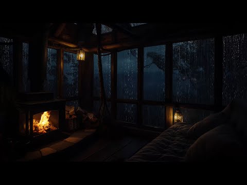 Cozy Cabin in the Rainy Night Forest | Rain & Fireplace Sounds for Deep Relaxation