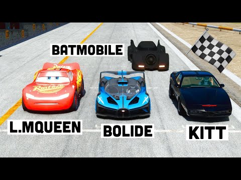 Bugatti Bolide vs Lightning McQueen vs KITT vs Batmobile 1989 - Drag Race at Special Stage Route X