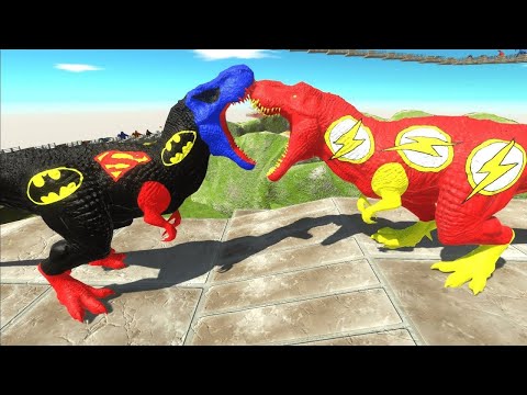 FLASH T-REX vs BATSUPERMAN T-REX vs BLACK PANTHER DEATH CLIMB - Animal Revolt Battle Simulator ARBS