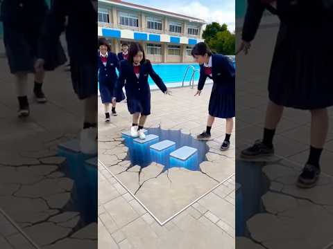 プールでトリックアートに落ちる女子生徒たち