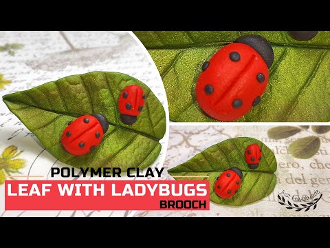 ~JustHandmade~ How to make an easy polymer clay (fimo) leaf with ladybugs - brooch - tutorial