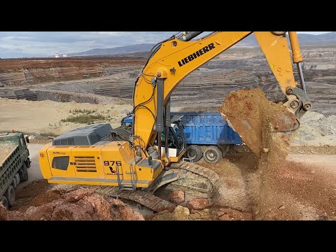 Liebherr 976 Excavator Loading Overburden On 4 Axle Trucks - Labrianidis Mining Works