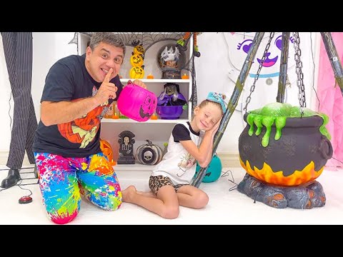 Dad decorates Nastya's room for Halloween