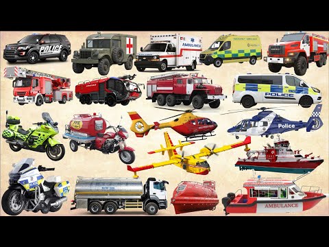 Emergency Vehicles Collection | Fire Truck, Police Car, Ambulance, Helicopter