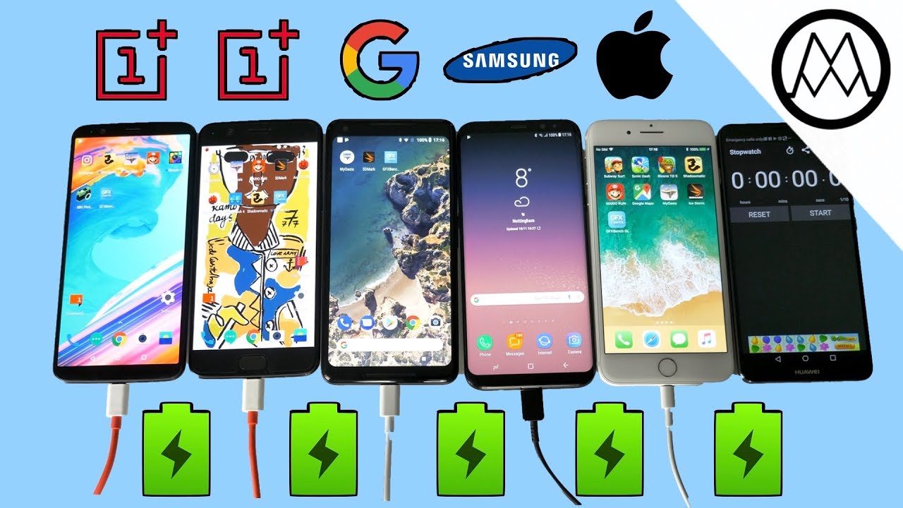 Oneplus 5T vs Pixel 2 XL vs S8 vs iPhone 8 Battery Charging Speed Test!