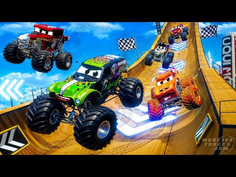 Grave Digger vs El Toro Loco in Giant Ramp Mayhem! Monster Trucks Racing, Stunts & Crashes