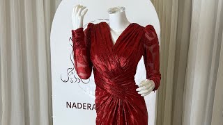 نقوش أوراق فستان شيفون أحمر بدرجة لامعة