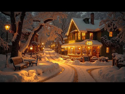 Cozy Night Jazz ❄️ Snowy Winter Coffee Shop in a Quiet Village Town | Smooth Jazz for Calm & Comfort