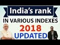 India's rank in various indexes 2018 (Updated) - Current affairs 2018 for SBI PO/IBPS/Clerk/SSC India's rank in various indexes 2018 (Updated) - Current affairs 2018 for SBI PO/IBPS/Clerk/SSC