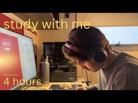 study with me 4 hour ⎢ pomodoro ⎢ rain sounds, 10 min break, no music