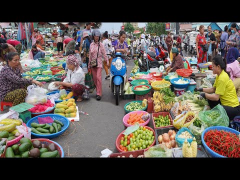 Cambodian Early Morning Vegetable Market  – Crowd Visit & Buy Some Food For Selling Daily Lifestyle