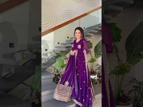 Purple Faux Blooming Luxury Designer Gown Set with Zari & Sequins Embroidery Dupatta Included