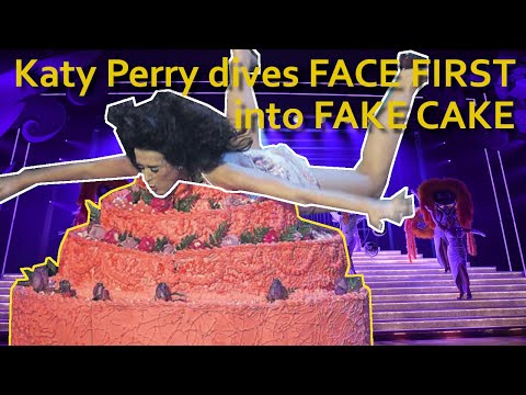 Katy Perry dives face first into FAKE CAKE while performing (with sound effects)