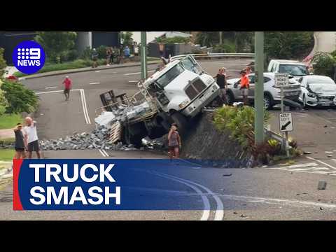Out-of-control truck smashes into parked cars | 9 News Australia