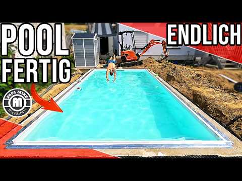 The pool is finished! Attach the liner, add water & fill it for the first time 🔥 | DIY pool const...