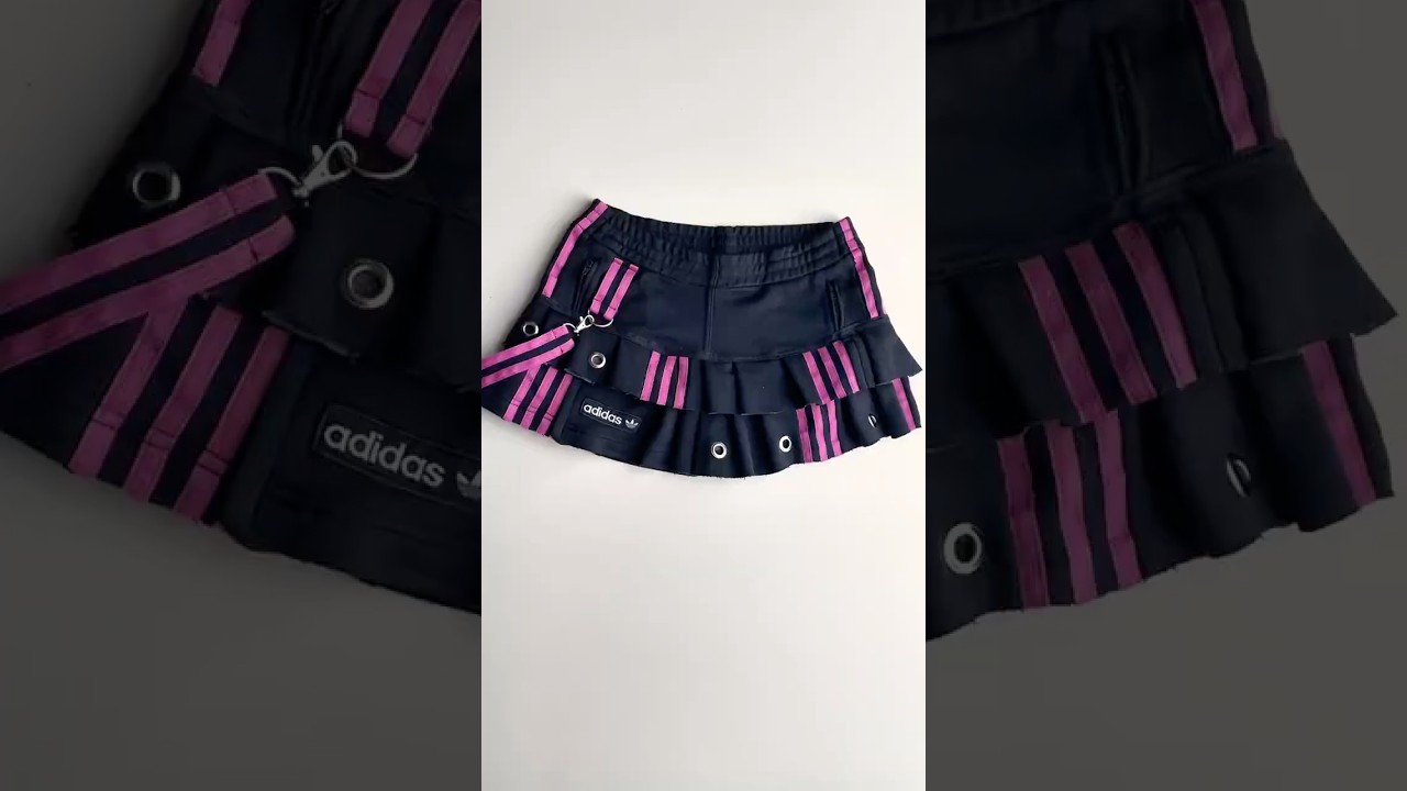 Upcycle old adidas sweatpants into pleated miniskirt, thrift flip remake sewing idea inspo