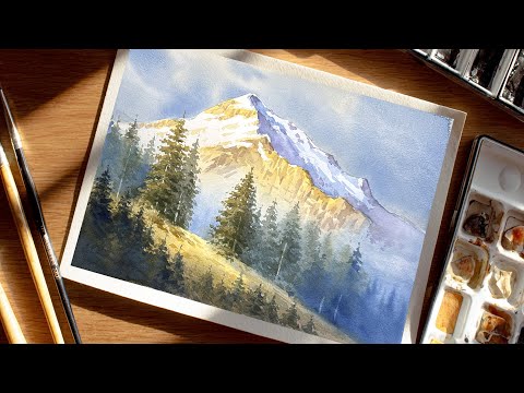 Watercolor Painting – Alpine Mountain and Pine Forest