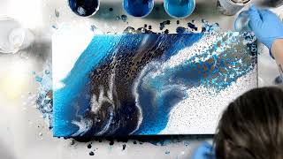 (887) Stunning Ocean Blue and Indigo Acrylic Pour with Gold Spray Paint!