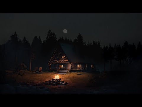 Forest cabin at night | Cozy Campfire & Relaxing Fireplace | Night Sounds for Sleep & Relaxing