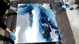 (826) Amazing Blue and Gold DIY Mixed Media Wall Art with Acrylic Pour and Spray Paint!