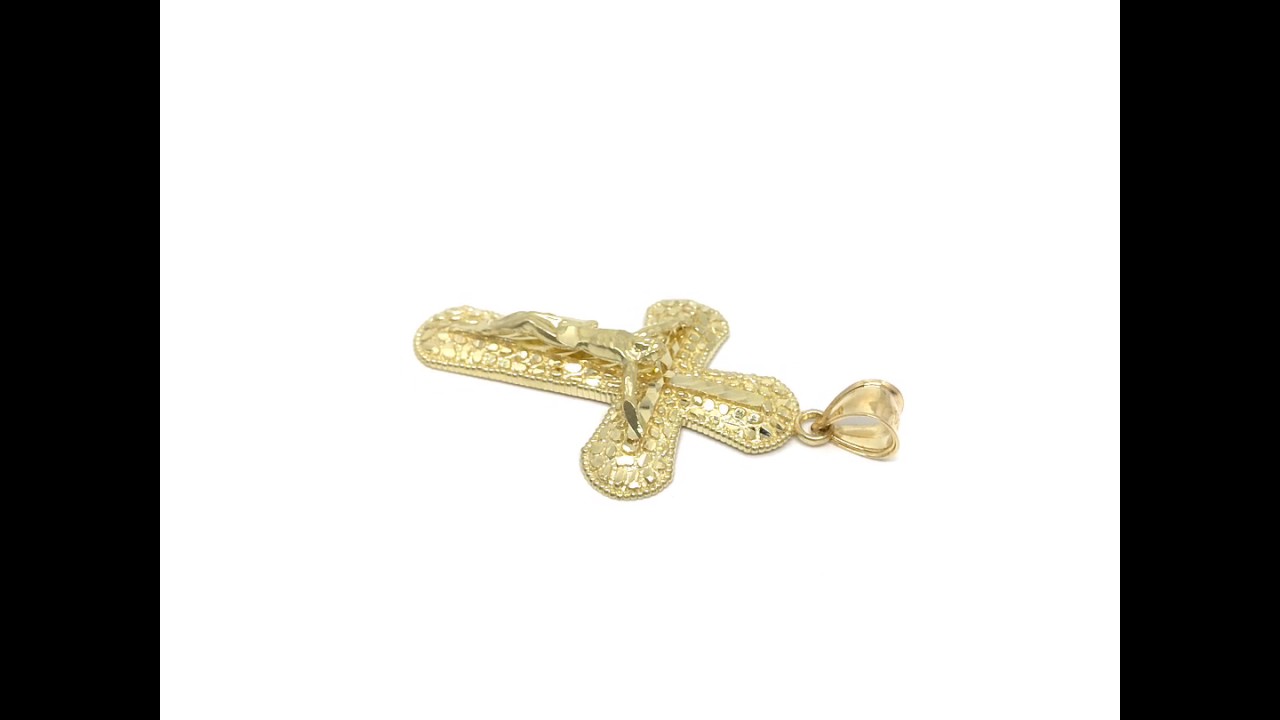 10K Solid Yellow Gold Round Four Sides Cross With Crucifx Jesus Men Pendant