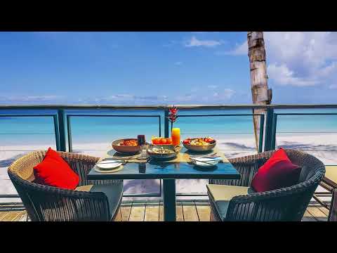 Outdoor Seaside Coffee Shop Ambience with Positive Bossa Nova Jazz Music & Crashing Waves for Relax