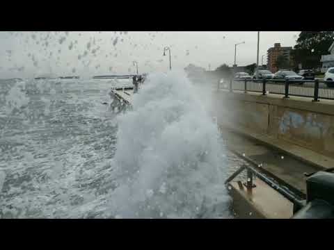 Big ocean waves crashing onto the  Lynn Shore Drive, Massachusetts