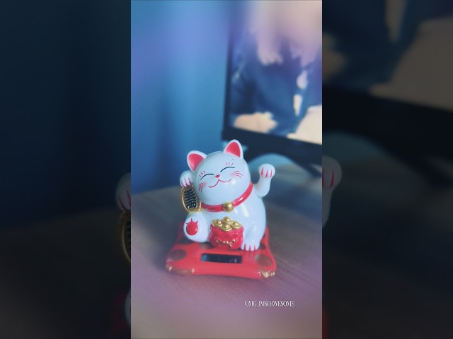 Vídeo relacionado con Lucky Cat, Mini estatua de gato japonés Maneki Neko con brazo ondeante alimentado por energía solar para la decoración del salpicadero del coche en casa(blanco)