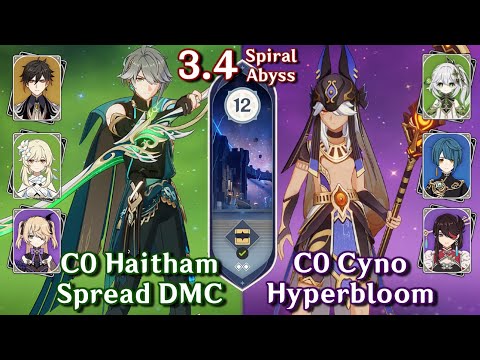 Spiral Abyss 3.4 - C0 Alhaitham Spread & C0 Cyno Hyperbloom | Floor 12 - 9 Stars | Genshin Impact