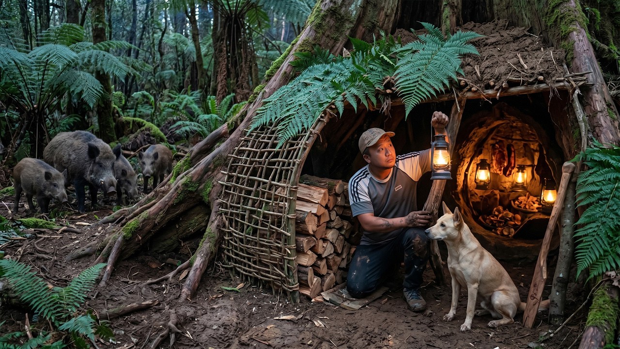 Building a Secret Survival Shelter Under a Giant Hollow Tree | Living Among Wild Boars