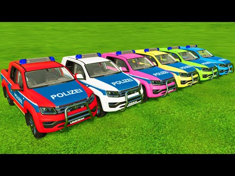 TRANSPORTING VOLKSWAGEN POLICE CARS WITH ISUZU COLORED TRUCKS - Farming Simulator 22