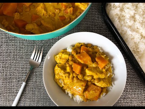 Chicken Curry with Sweet Potatoes + Chickpeas and Easy Oven Rice