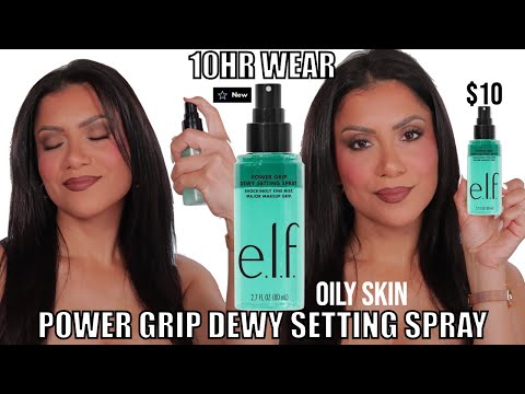 *new* e.l.f. COSMETICS POWER GRIP DEWY SETTING SPRAY REVIEW + 10HR WEAR *oily skin* | MagdalineJanet