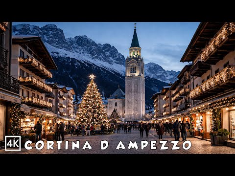 Cortina d’Ampezzo 🇮🇹 at Christmas🎄Evening Walk Through the Dolomites 4K🎄✨