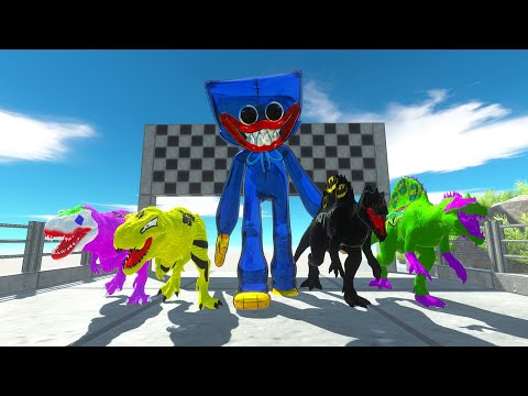 Dinosaurs Race Champions Trex Superheroes Vs Huggy Wuggy Vs Spino - Animal Revolt Battle Simulator