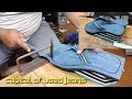 Making women's high heel flip-flops manually with jeans