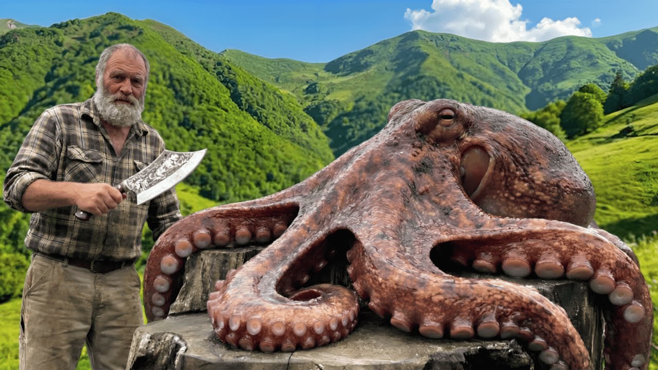 I Cooked a MONSTER Octopus Bigger Than Me Using Ancient Fire Methods Deep in the Jungle!