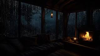 Warm Fireplace in Cozy Cabin | Rain Sounds at Night for Deep Rest