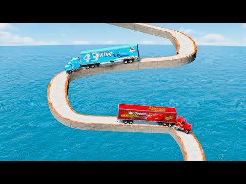 Mack truck vs Dinoco vs Impossible Log Wave Bridge Truck Car Rescue -Cars vs Deep Water-BeamNG.drive