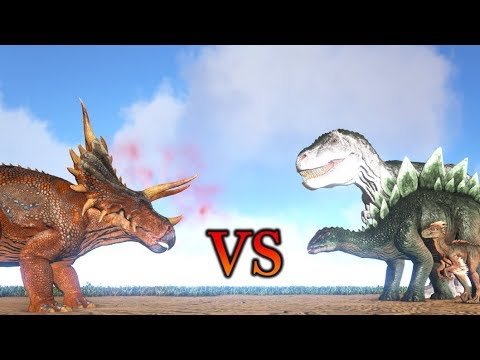 New Trike vs Raptor, Stegosaurus and Rex || ARK: Survival Evolved