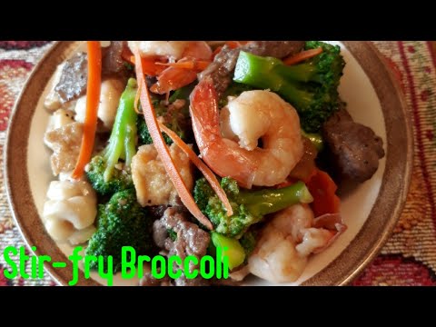 Stir-fry Broccoli with Prawns, Squid and Beef