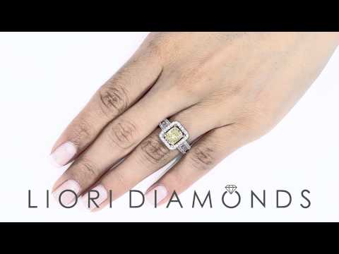 FD-544 - 3.58 Carat Fancy Yellow Cushion Cut Diamond Engagement Ring 18k Gold Pave Halo