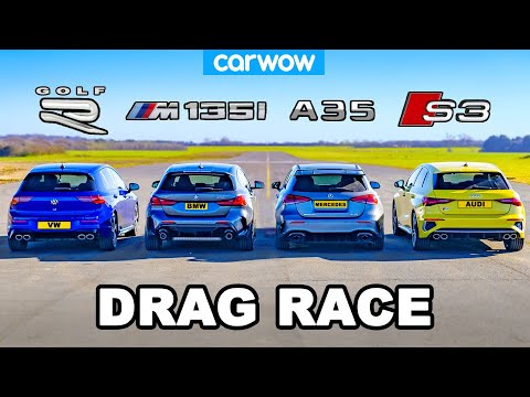 VW Golf R v BMW M135i v Audi S3 v AMG A35: DRAG RACE