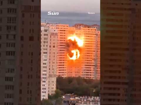 Terrifying moment Russian drone hits Kyiv apartment building