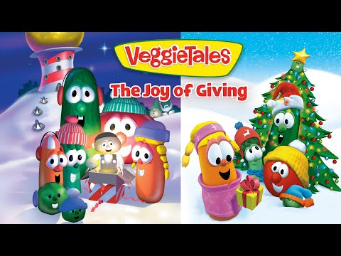 VeggieTales: The Joy of Giving poster with a group of anthropomorphic vegetables in a snowy holiday scene, gathered around gifts.