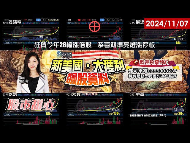 11/07【甜心盤後影音】狂賀今年28檔漲倍股，東元三仙封神！映泰．展達．晟銘電75-85%，鴻準亮燈！悅城．聯昌屢創新高漲不停，新美國大獲利飆股資料免費預約