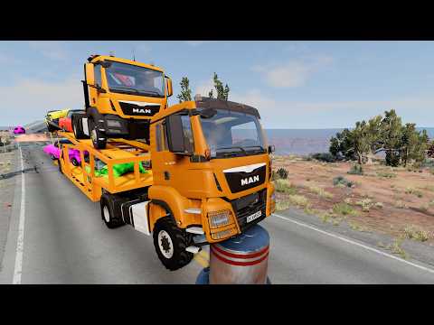 TRANSPORTING POLICE CARS, MCQUEEN CAR, CAR WITH TRUCKS 08 BeamNG.drive
